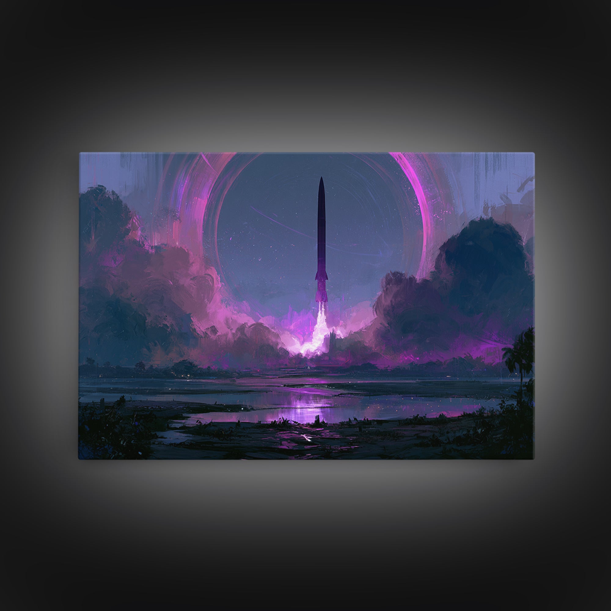 Retro Rocket Launching Through Cloud Rings Framed Canvas Print, Scifi Art, Art Print, Living Room Decor, Fine Art, Orbit, SCI-3x2-35