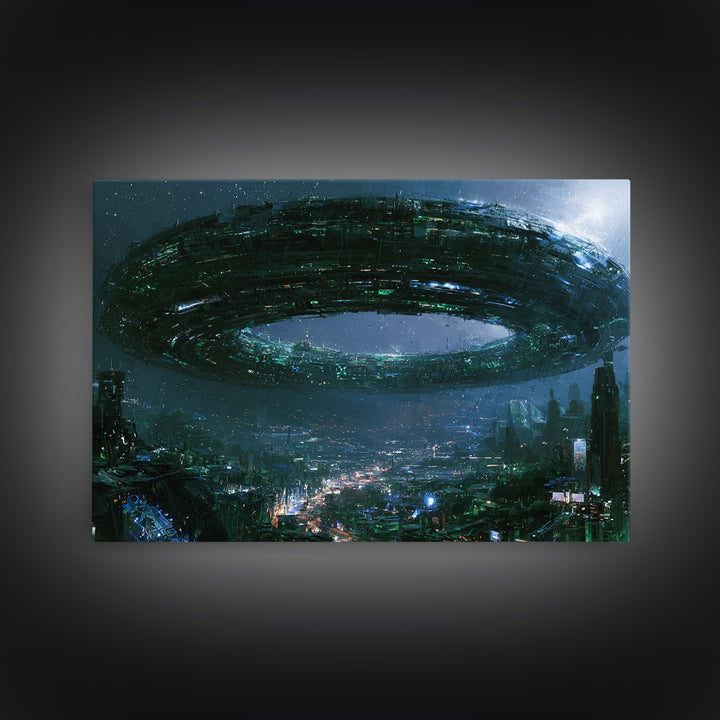 Giant Ring World Seen from a Valley Framed Canvas Print, Scifi Art, Game Room Decor, Living Room Decor, Fine Art, Orbit, SCI-3x2-36