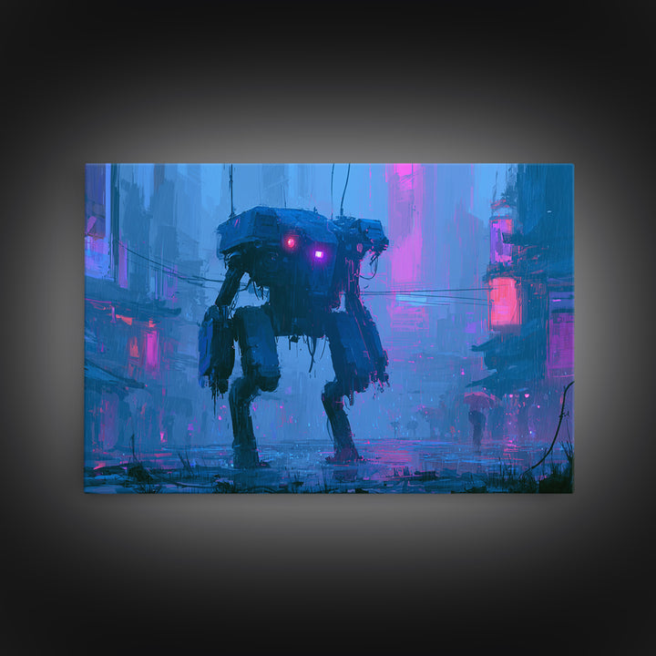 Mech Silhouette in Rainy Neon City Canvas Print, Scifi Art, Textured Painting, Living Room Decor, Abstract Art, Orbit, SCI-3x2-43
