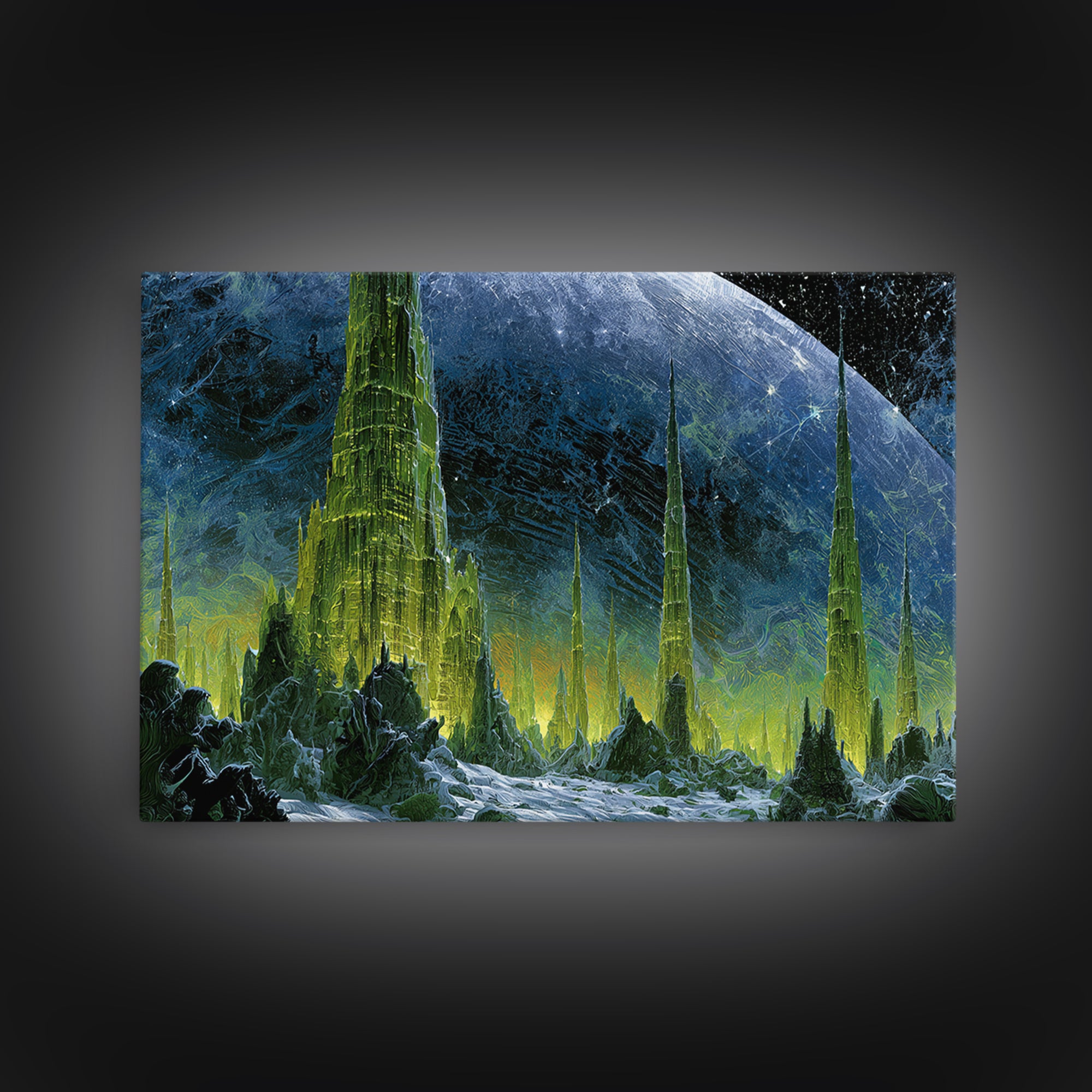 Terraforming Towers on a Silent Planet Framed Canvas Print, Scifi Art, Living Room Decor, Abstract Art, Orbit, SCI-3x2-64