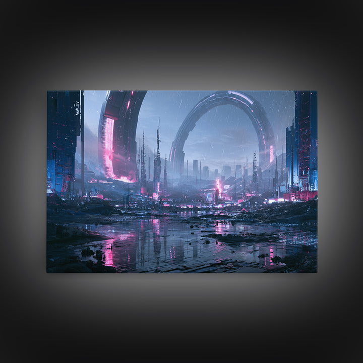 Giant Ring World Seen from a Valley Canvas Print, Scifi Art, Poster, Living Room Decor, Fine Art, Orbit, Retro Wall Art, SCI-3x2-84