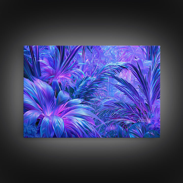 Alien Jungle with Bioluminescent Plants Framed Canvas Print, Scifi Art, Contemporary Art, Living Room Decor, Fine Art, Orbit, SCI-3x2-9