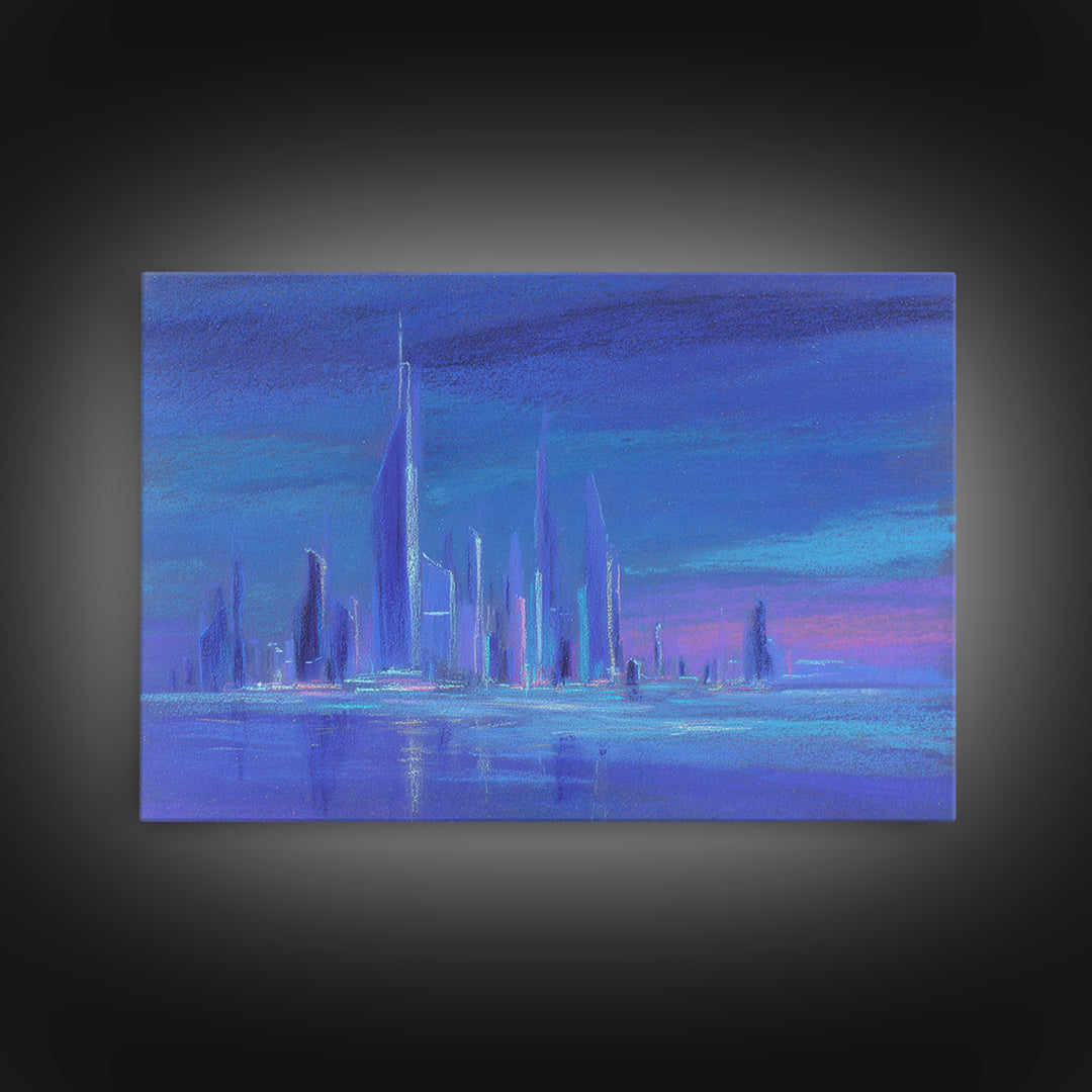 Mech Silhouette in Rainy Neon City Framed Canvas Print, Scifi Art, Retro Wall Art, Living Room Decor, Oil Painting, Orbit, SCI-3x2-91