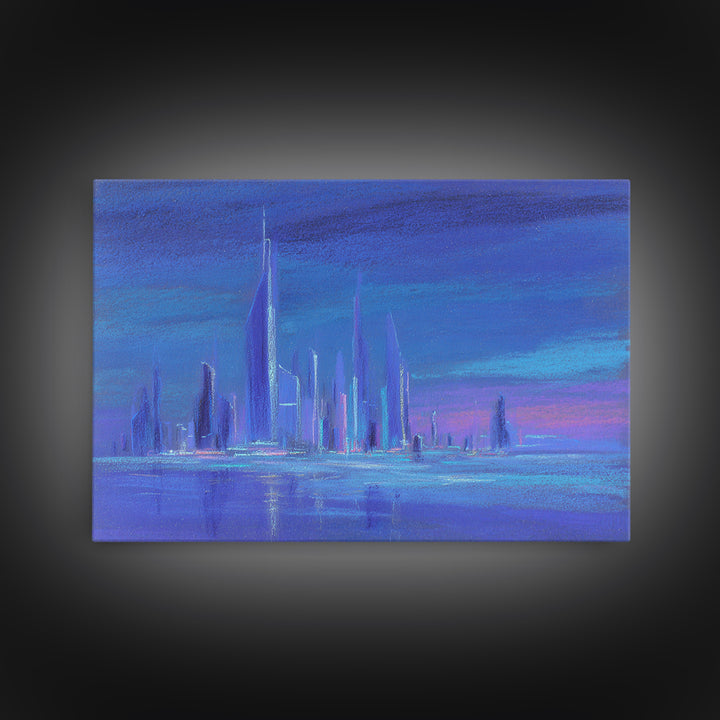 Mech Silhouette in Rainy Neon City Framed Canvas Print, Scifi Art, Retro Wall Art, Living Room Decor, Oil Painting, Orbit, SCI-3x2-91