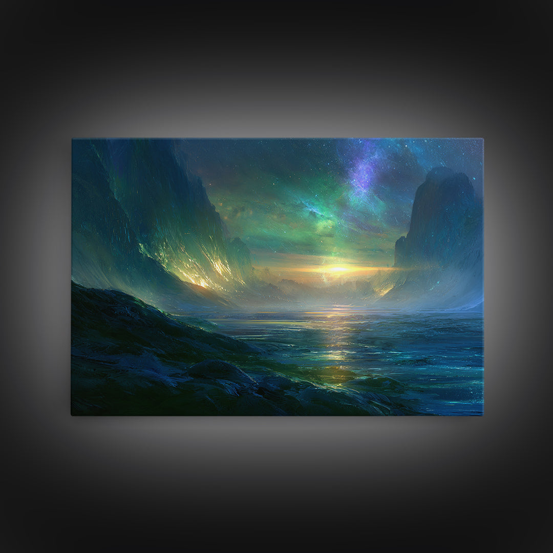Planetary Sunrise over Ice Cliffs Canvas Print, Scifi Art, Fantasy Art, Living Room Decor, Fine Art, Orbit, Textured Painting, SCI-3x2-98