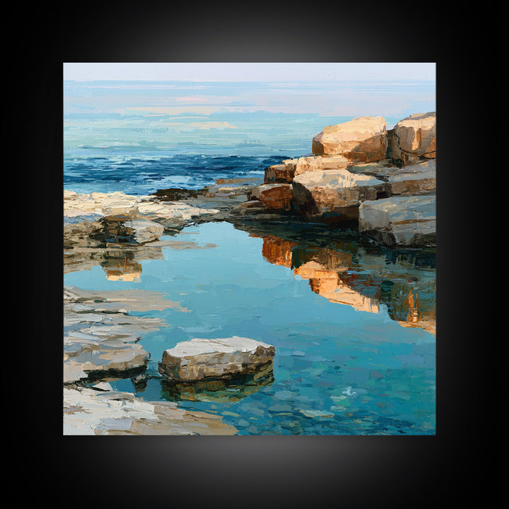 Rocky Tidepool with Reflections Framed Canvas Print, Seascape Art, Canvas Wall Art, Coastal Decor, Fine Art, Seascape, SEA-1x1-11