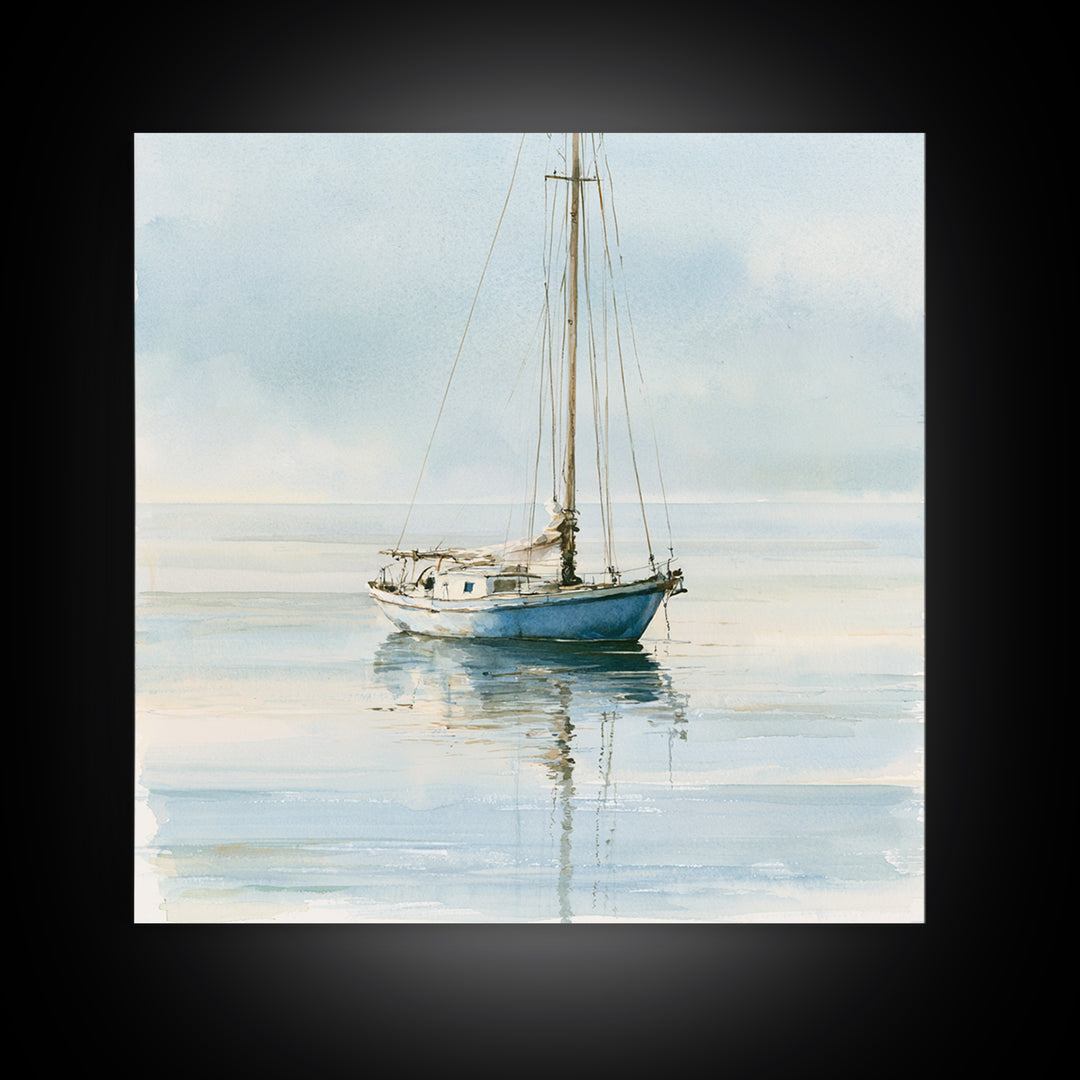 Quiet Sailboat on Glassy Water Framed Canvas Print, Seascape Art, Gallery Decor, Coastal Decor, Fine Art, Seascape, SEA-1x1-32
