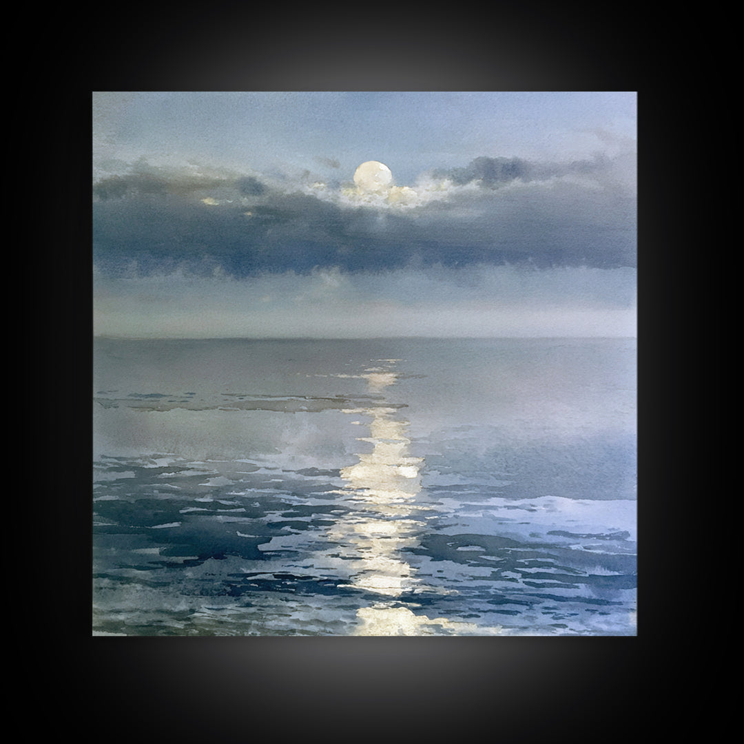 Moonlit Ocean with Silver Path of Light Framed Canvas Print, Seascape Art, Abstract Painting, Coastal Decor, Fine Art, Seascape, SEA-1x1-51