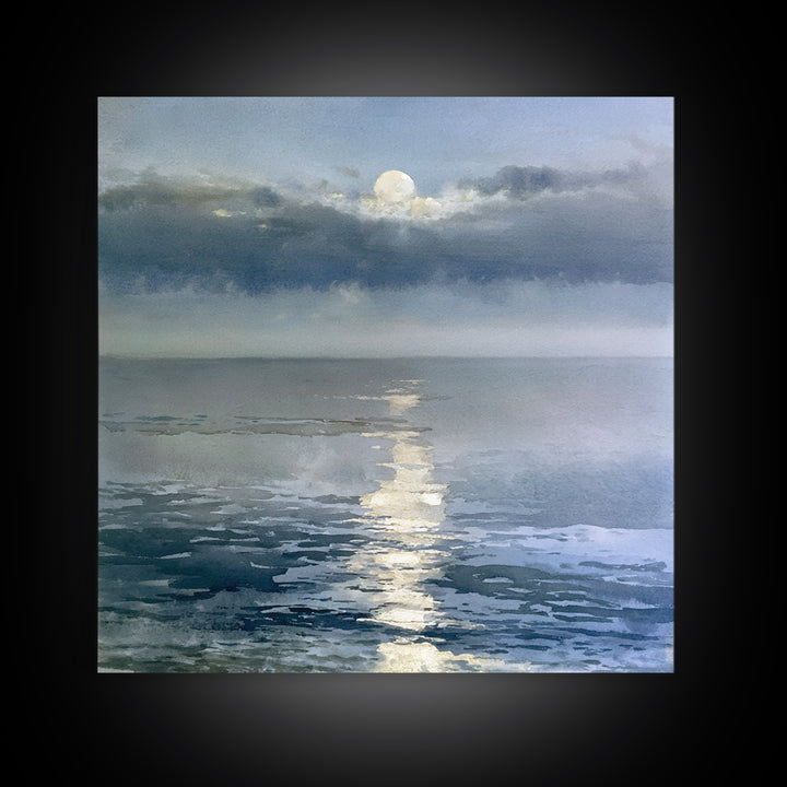 Moonlit Ocean with Silver Path of Light Framed Canvas Print, Seascape Art, Abstract Painting, Coastal Decor, Fine Art, Seascape, SEA-1x1-51