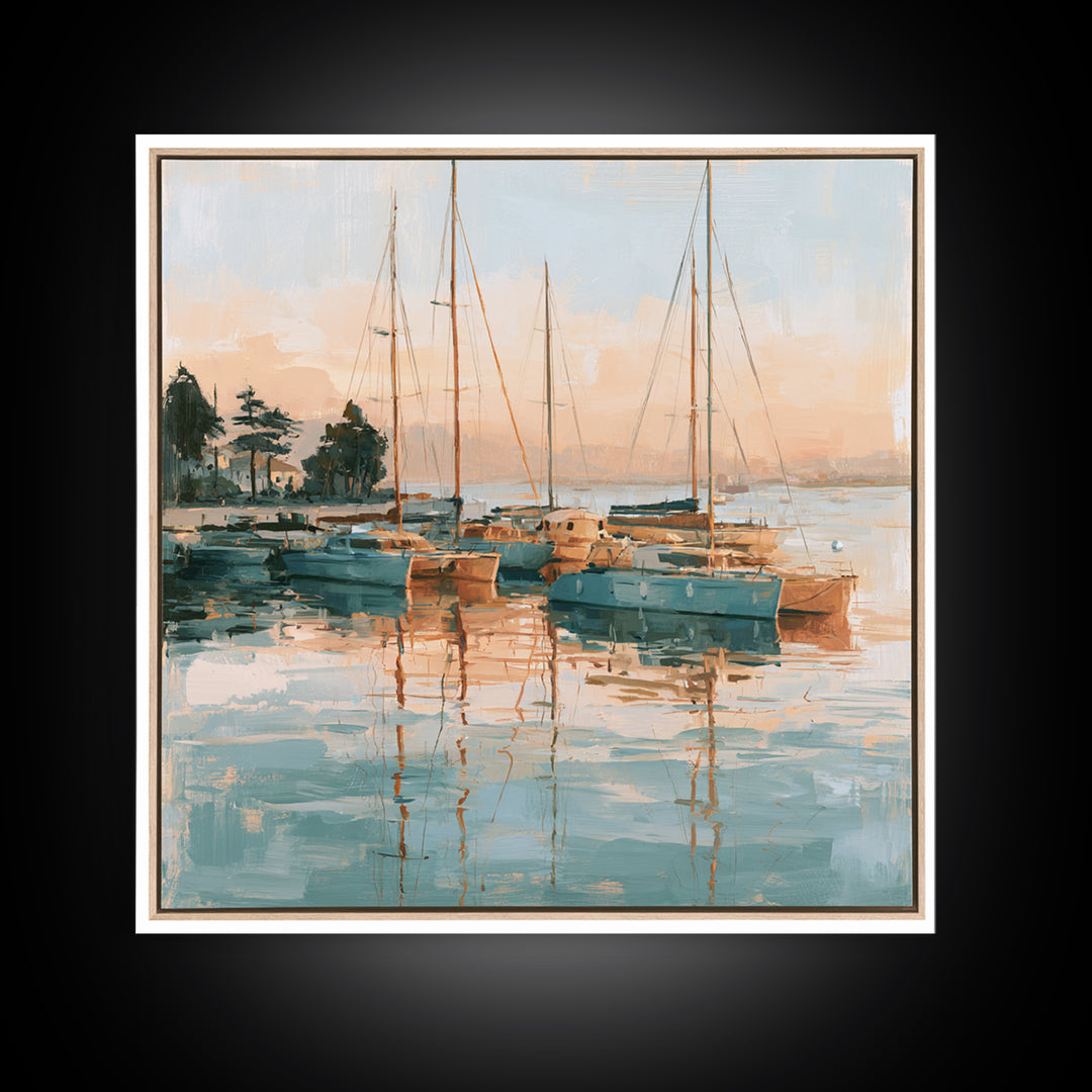 Mediterranean Harbor at Dawn Framed Canvas Print, Seascape Art, Living Room Wall Art, Coastal Decor, Fine Art, Seascape, SEA-1x1-70