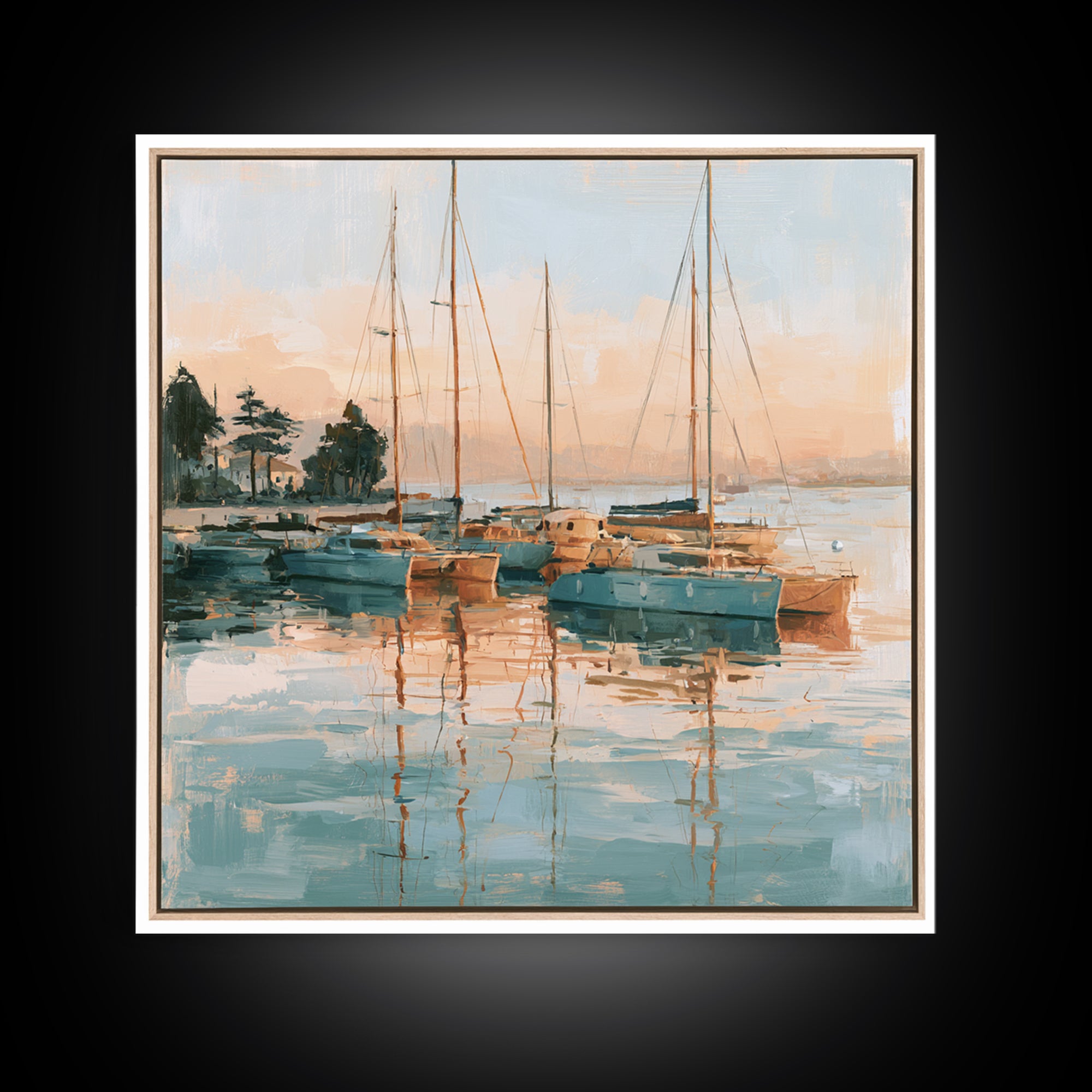Mediterranean Harbor at Dawn Framed Canvas Print, Seascape Art, Living Room Wall Art, Coastal Decor, Fine Art, Seascape, SEA-1x1-70