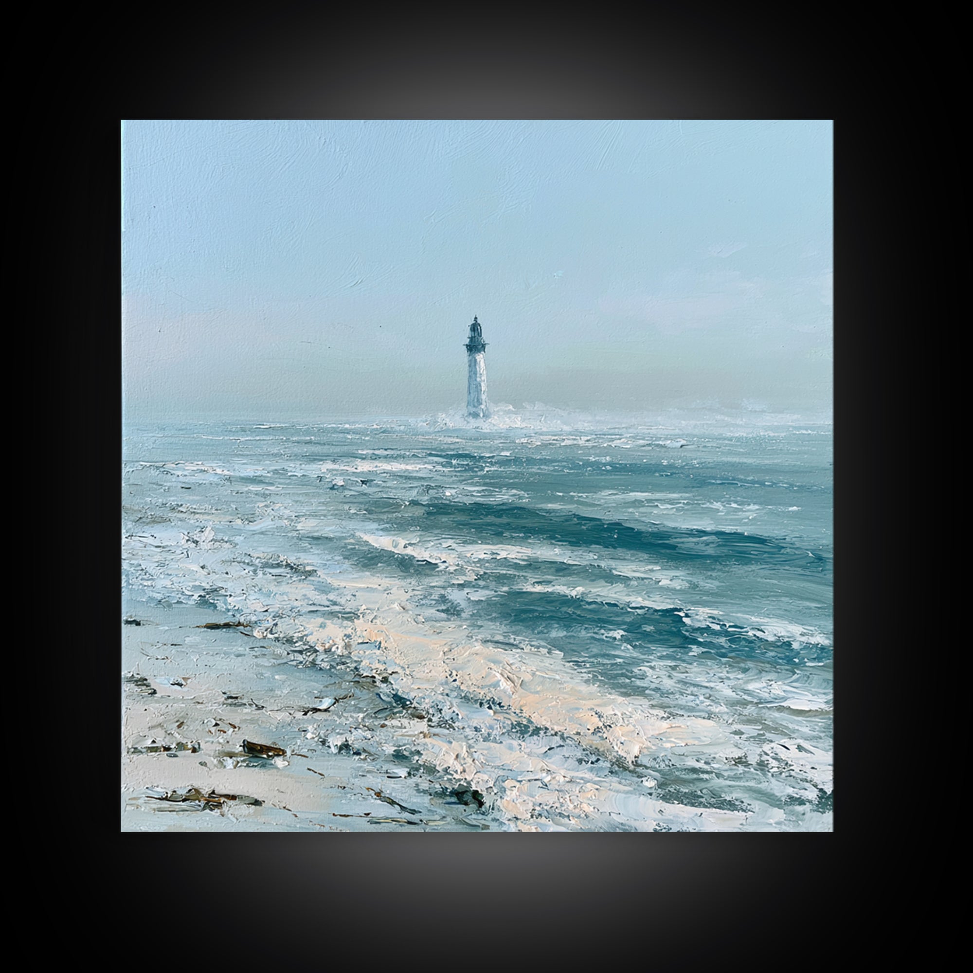 Dramatic Lighthouse in Distant Spray Framed Canvas Print, Seascape Art, Gallery Decor, Coastal Decor, Fine Art, Seascape, SEA-1x1-78