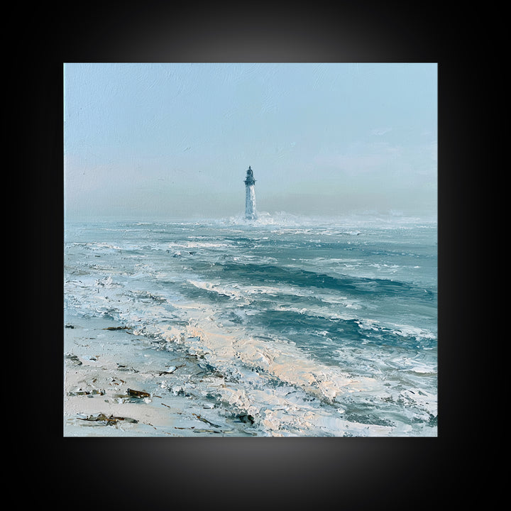 Dramatic Lighthouse in Distant Spray Framed Canvas Print, Seascape Art, Gallery Decor, Coastal Decor, Fine Art, Seascape, SEA-1x1-78