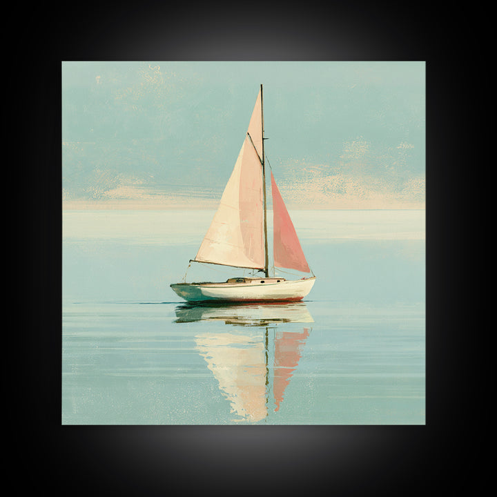 Quiet Sailboat on Glassy Water Framed Canvas Print, Seascape Art, Neutral Decor, Coastal Decor, Fine Art, Seascape, Home Decor, SEA-1x1-80