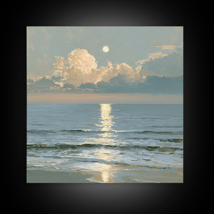 Moonlit Ocean with Silver Path of Light Canvas Print, Seascape Art, Wall Art, Coastal Decor, Oil Painting, Seascape, SEA-1x1-99