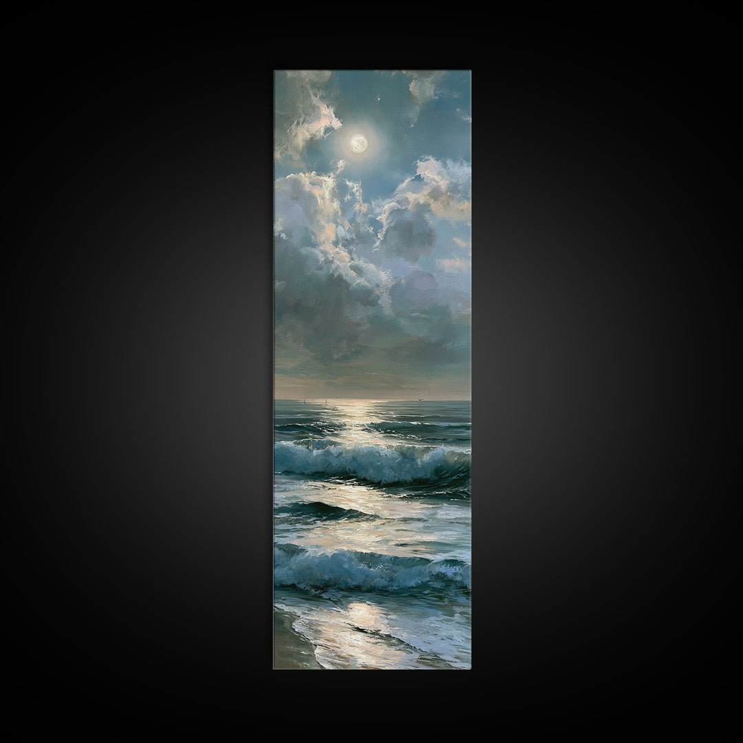 Moonlit Ocean with Silver Path of Light Framed Canvas Print, Seascape Art, Home Decor, Coastal Decor, Fine Art, Seascape, SEA-1x3-15