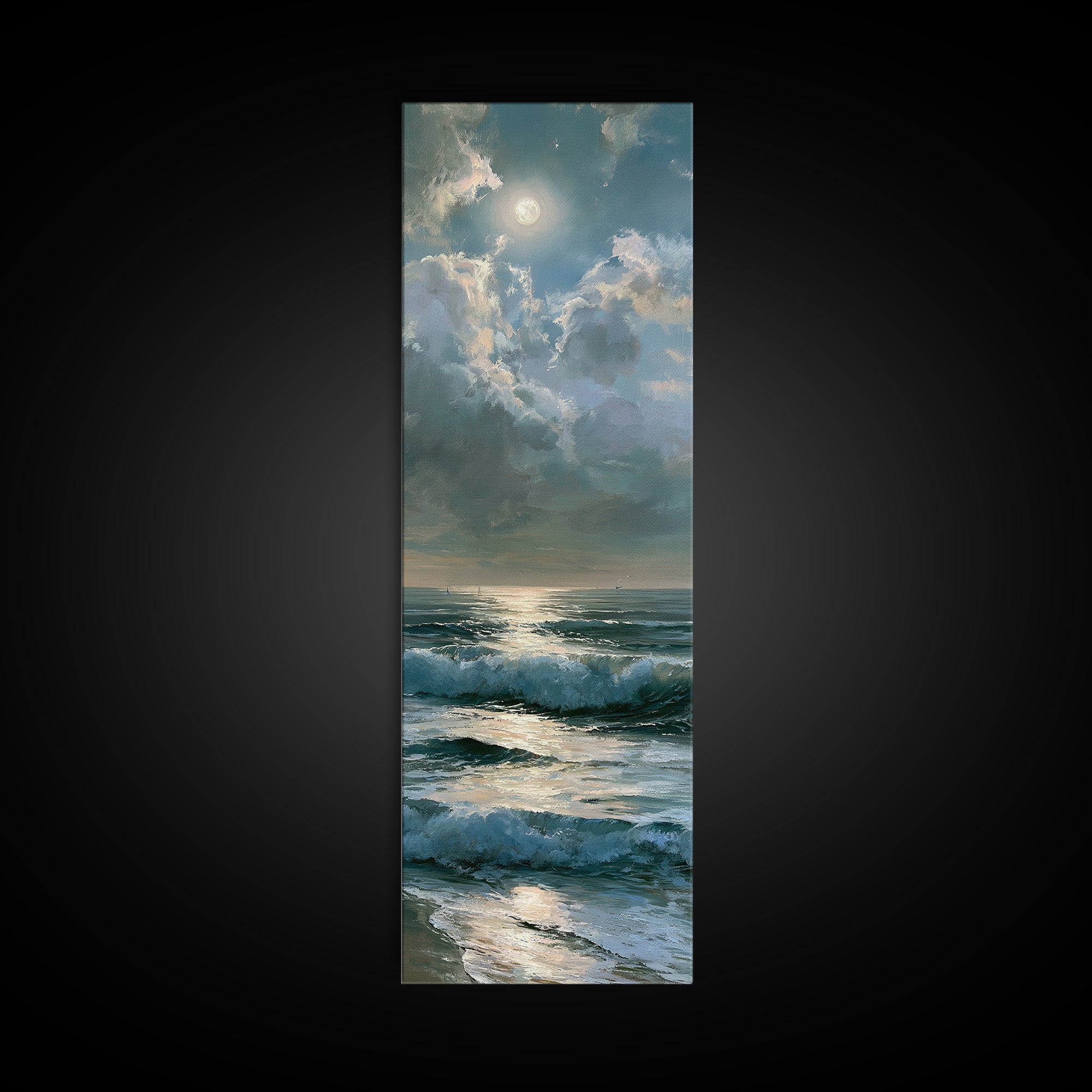 Moonlit Ocean with Silver Path of Light Framed Canvas Print, Seascape Art, Home Decor, Coastal Decor, Fine Art, Seascape, SEA-1x3-15