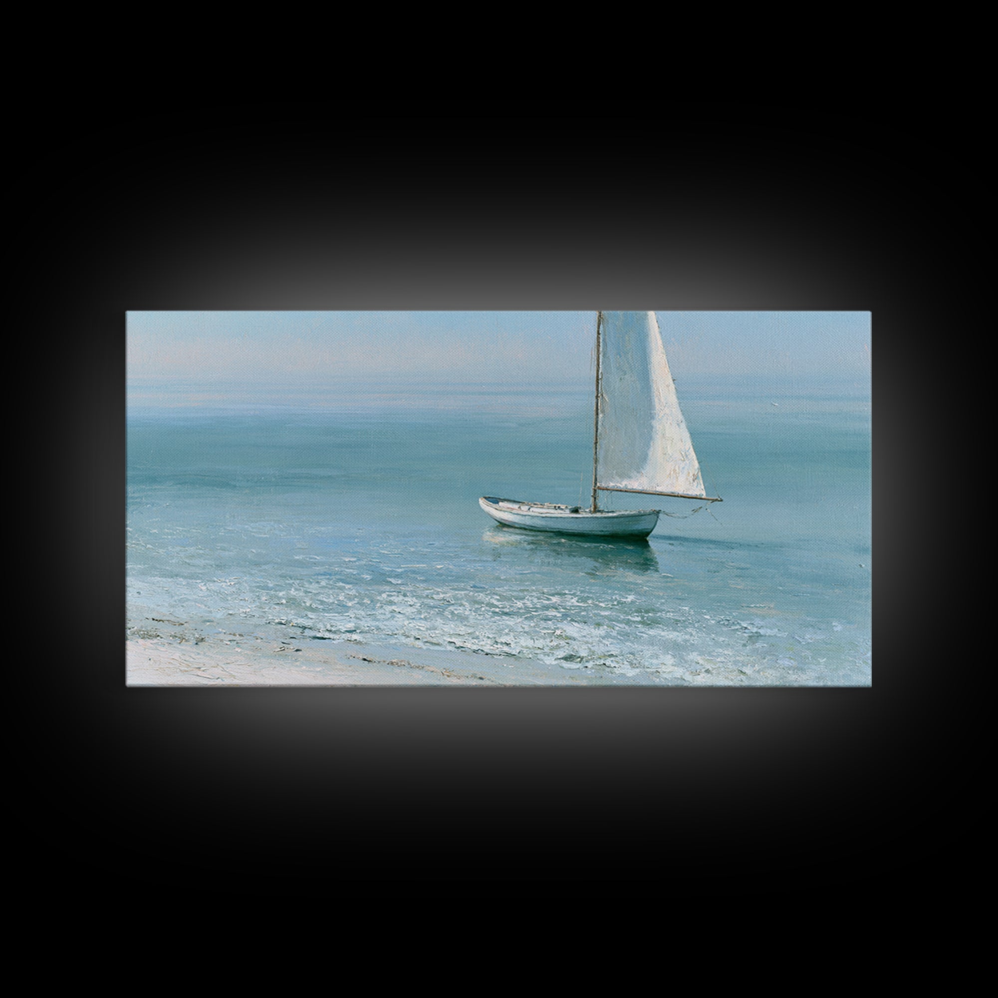 Quiet Sailboat on Glassy Water Framed Canvas Print, Seascape Art, Watercolor Painting, Coastal Decor, Fine Art, Seascape, SEA-2x1-100