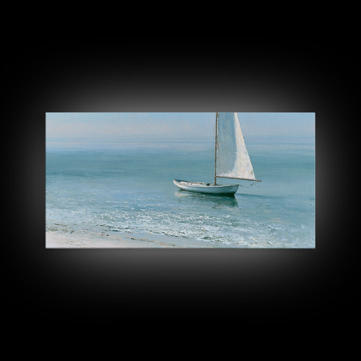 Quiet Sailboat on Glassy Water Framed Canvas Print, Seascape Art, Watercolor Painting, Coastal Decor, Fine Art, Seascape, SEA-2x1-100