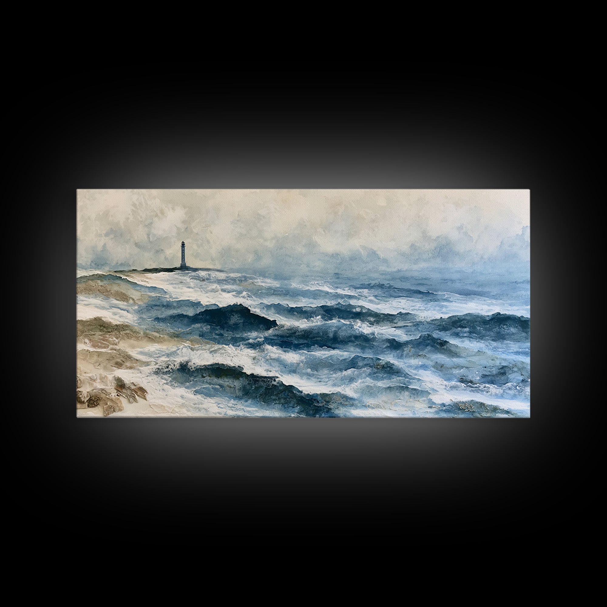 Dramatic Lighthouse in Distant Spray Canvas Print, Seascape Art, Boho Decor, Coastal Decor, Abstract Art, Seascape, SEA-2x1-26