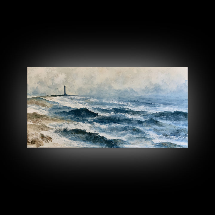 Dramatic Lighthouse in Distant Spray Canvas Print, Seascape Art, Boho Decor, Coastal Decor, Abstract Art, Seascape, SEA-2x1-26