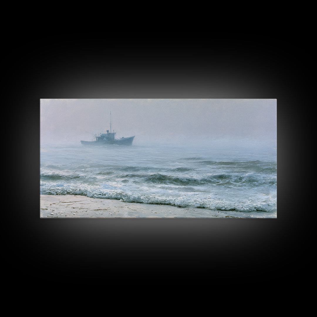 Fishing Boat Silhouette Framed Canvas Print, Seascape Art, Luxury Decor, Coastal Decor, Fine Art, Seascape, Oil Painting, SEA-2x1-34