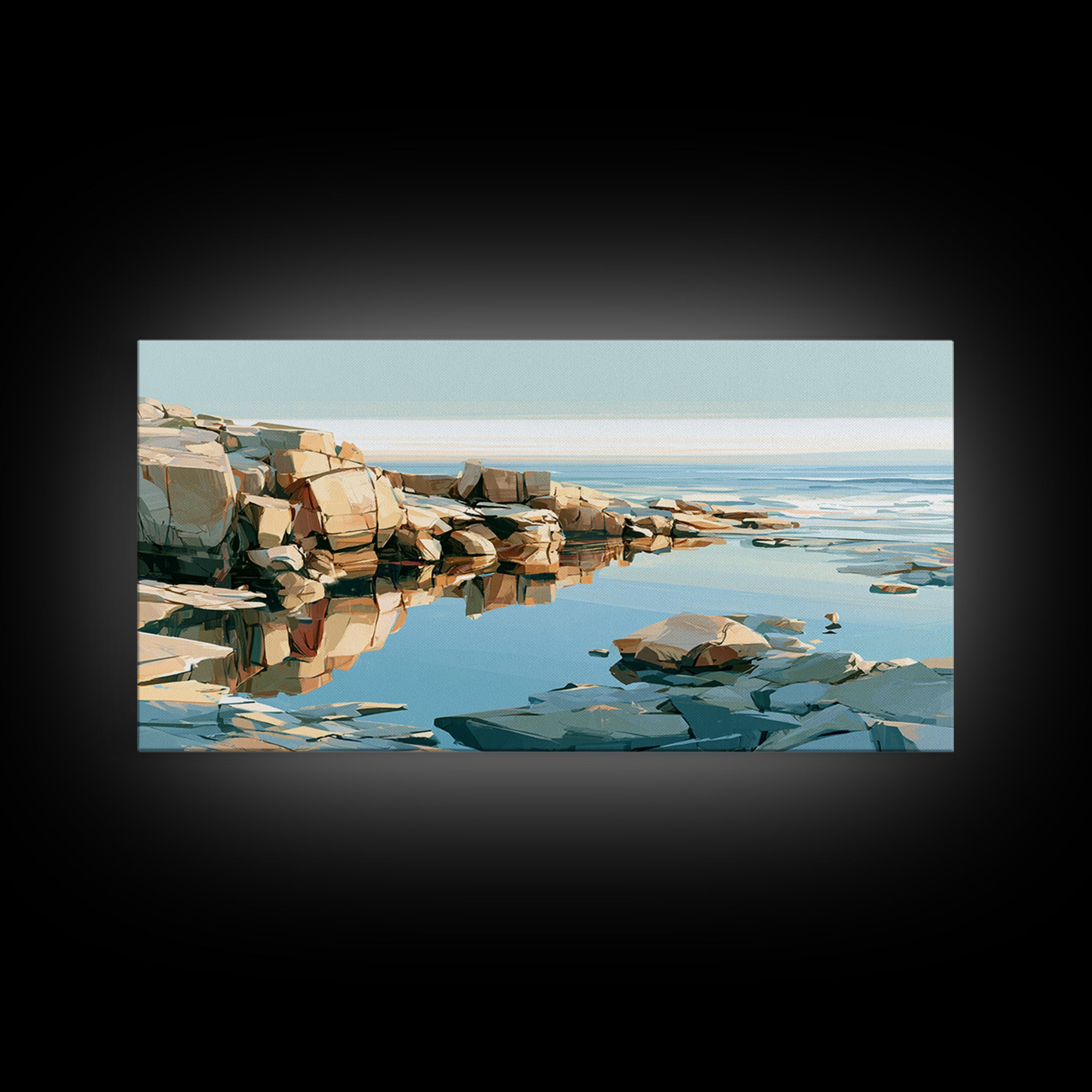 Rocky Tidepool with Reflections Framed Canvas Print, Seascape Art, Bedroom Decor, Coastal Decor, Seascape, Coastal Wall Art, SEA-2x1-55