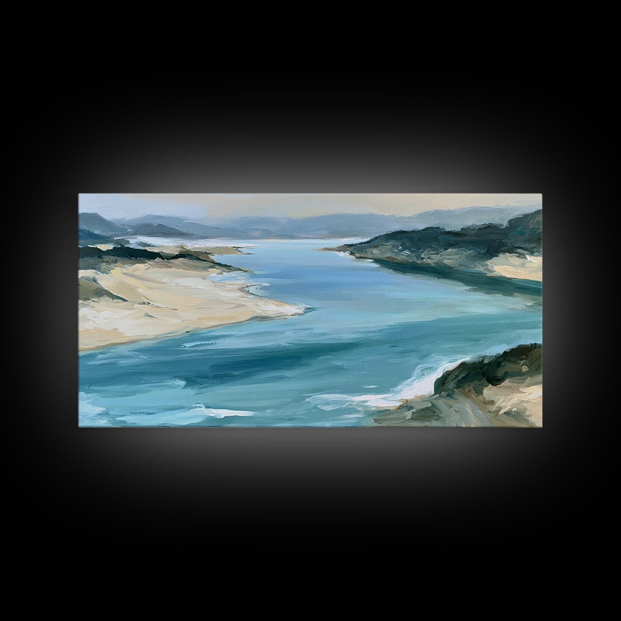 Coastal Cove with Turquoise Water Framed Canvas Print, Seascape Art, Wall Art Print, Coastal Decor, Watercolor Art, Seascape, SEA-2x1-59