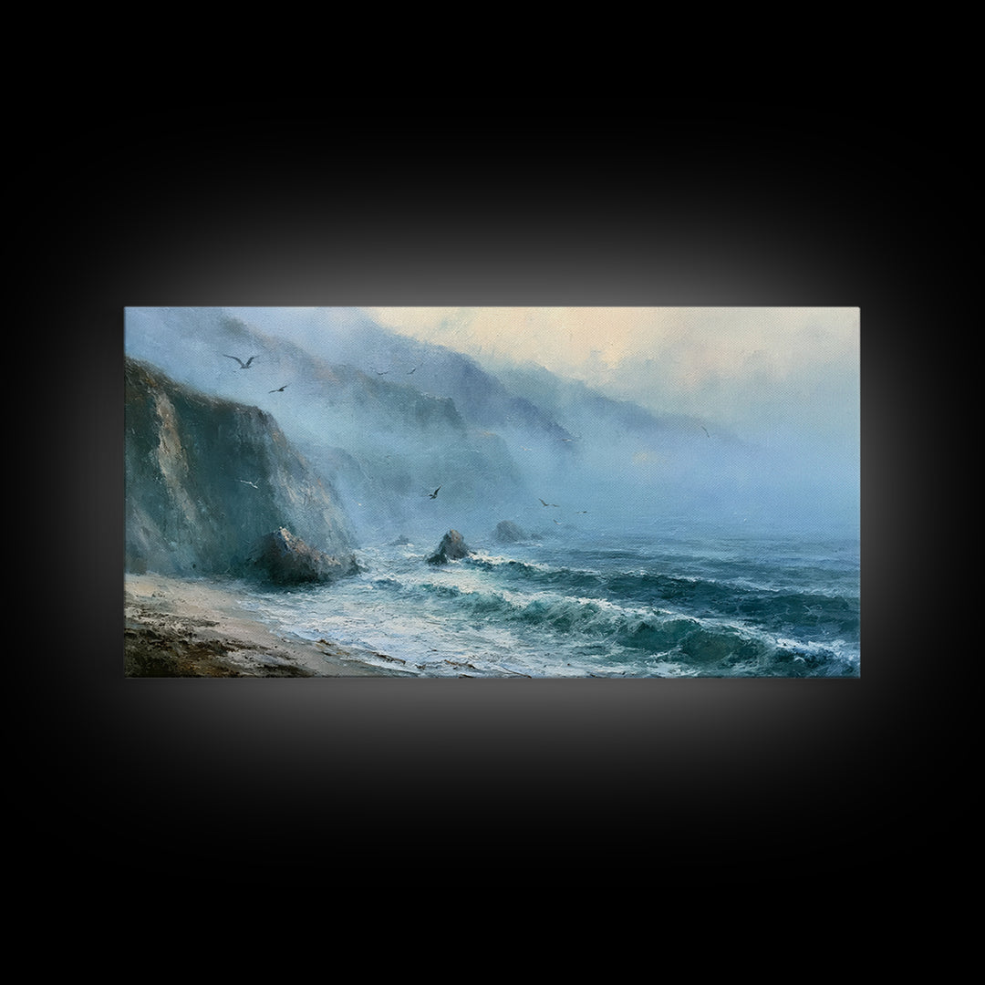 Misty Sea Cliffs Framed Canvas Print, Seascape Art, Abstract Art, Coastal Decor, Seascape, Nautical Decor, Coastal Wall Art, SEA-2x1-97