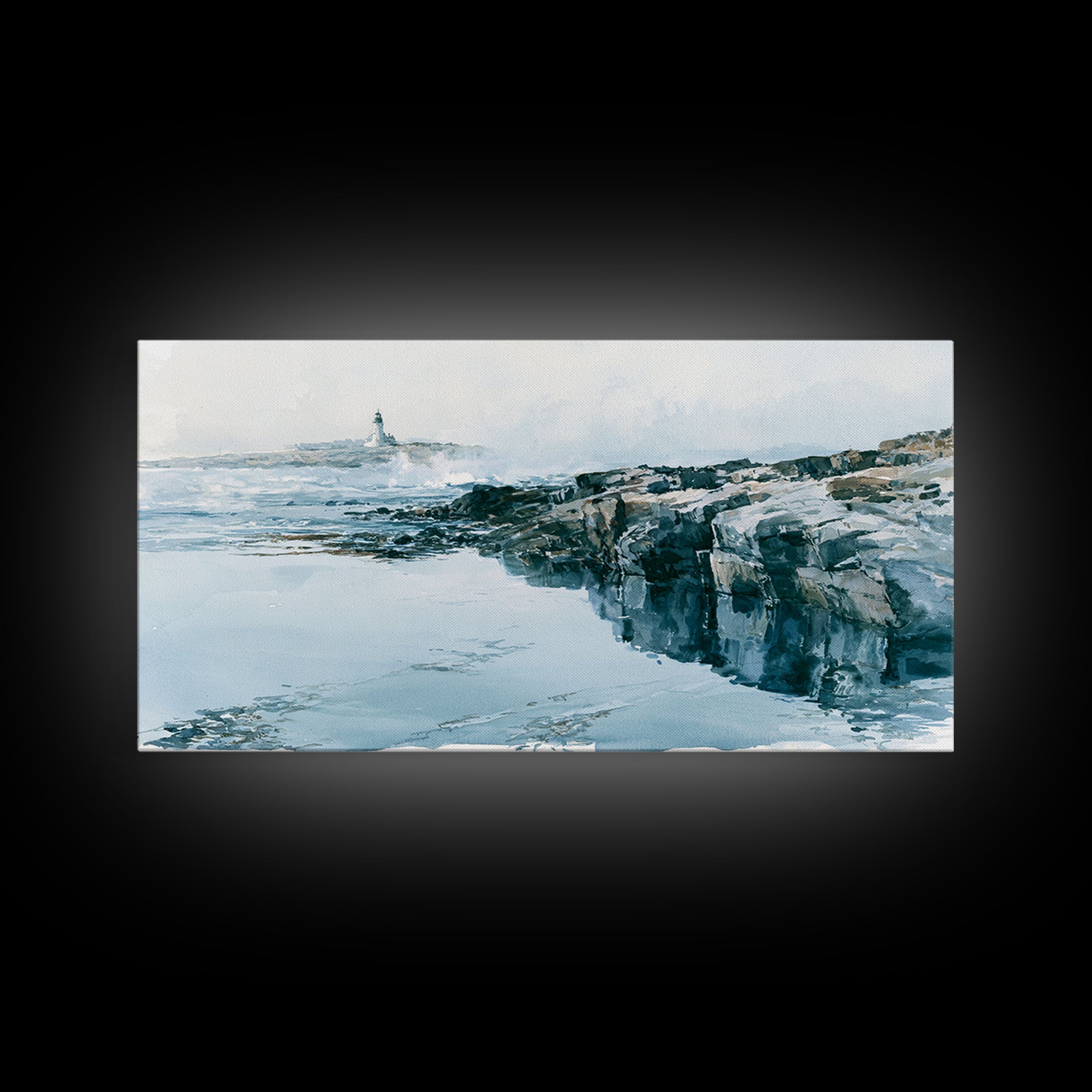 Dramatic Lighthouse in Distant Spray Canvas Print, Seascape Art, Coastal Decor, Watercolor Art, Seascape, Printable Art, SEA-2x1-98