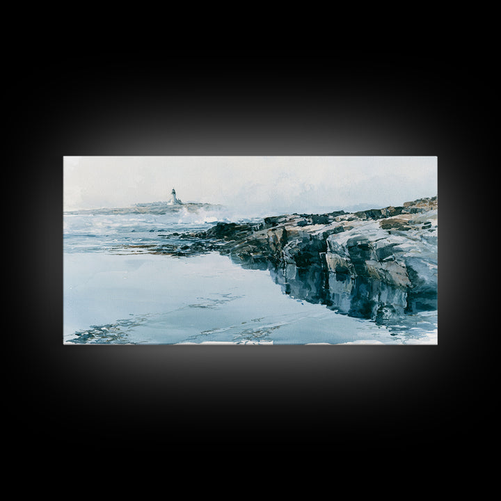 Dramatic Lighthouse in Distant Spray Canvas Print, Seascape Art, Coastal Decor, Watercolor Art, Seascape, Printable Art, SEA-2x1-98