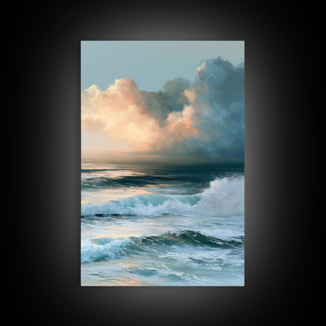 Whitecaps Rolling under Storm Light Framed Canvas Print, Seascape Art, Contemporary Art, Coastal Decor, Oil Painting, Seascape, SEA-2x3-21