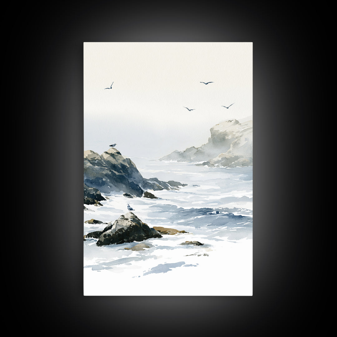 Misty Sea Cliffs Canvas Print, Seascape Art, Large Wall Art, Coastal Decor, Seascape, Watercolor Painting, Bedroom Wall Art, SEA-2x3-61