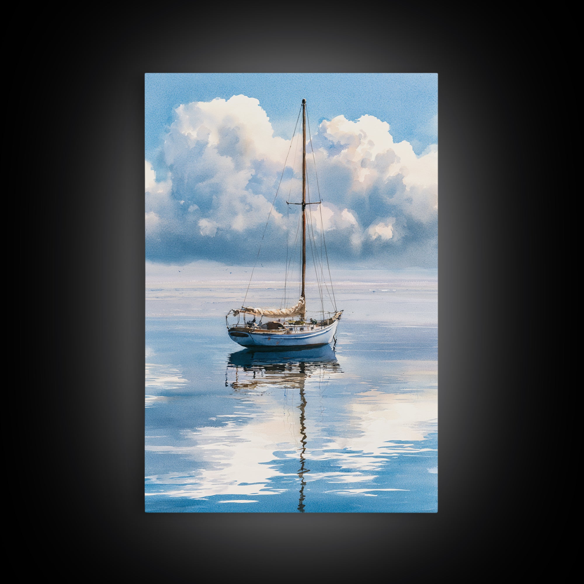 Quiet Sailboat on Glassy Water Framed Canvas Print, Seascape Art, Room Decor, Coastal Decor, Seascape, Digital Wall Art, SEA-2x3-64