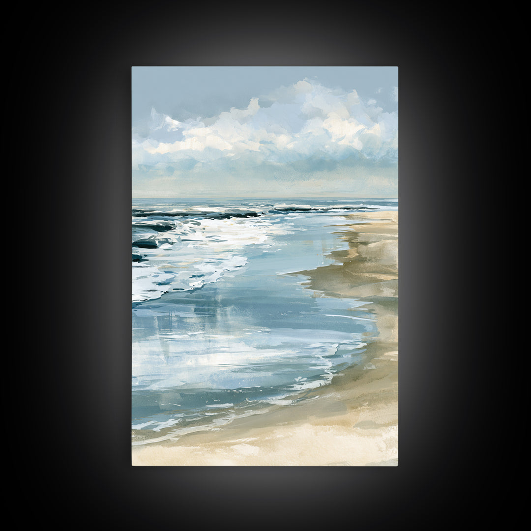 Golden Beach Tide at Low Water Framed Canvas Print, Seascape Art, Digital Prints, Coastal Decor, Watercolor Art, Seascape, SEA-2x3-98