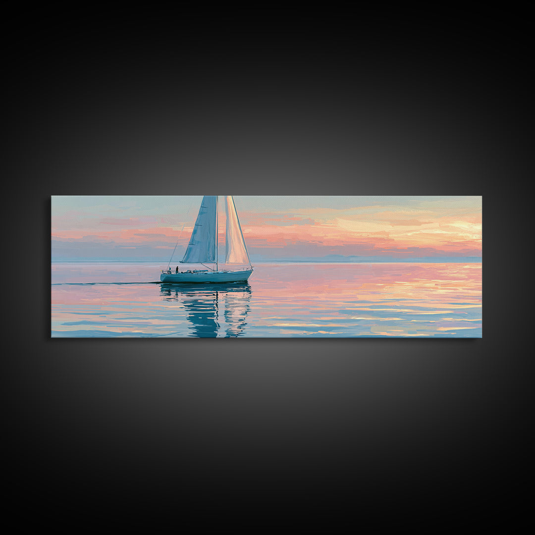 Quiet Sailboat on Glassy Water Canvas Print, Seascape Art, Abstract Painting, Coastal Decor, Fine Art, Seascape, Room Decor, SEA-3x1-24