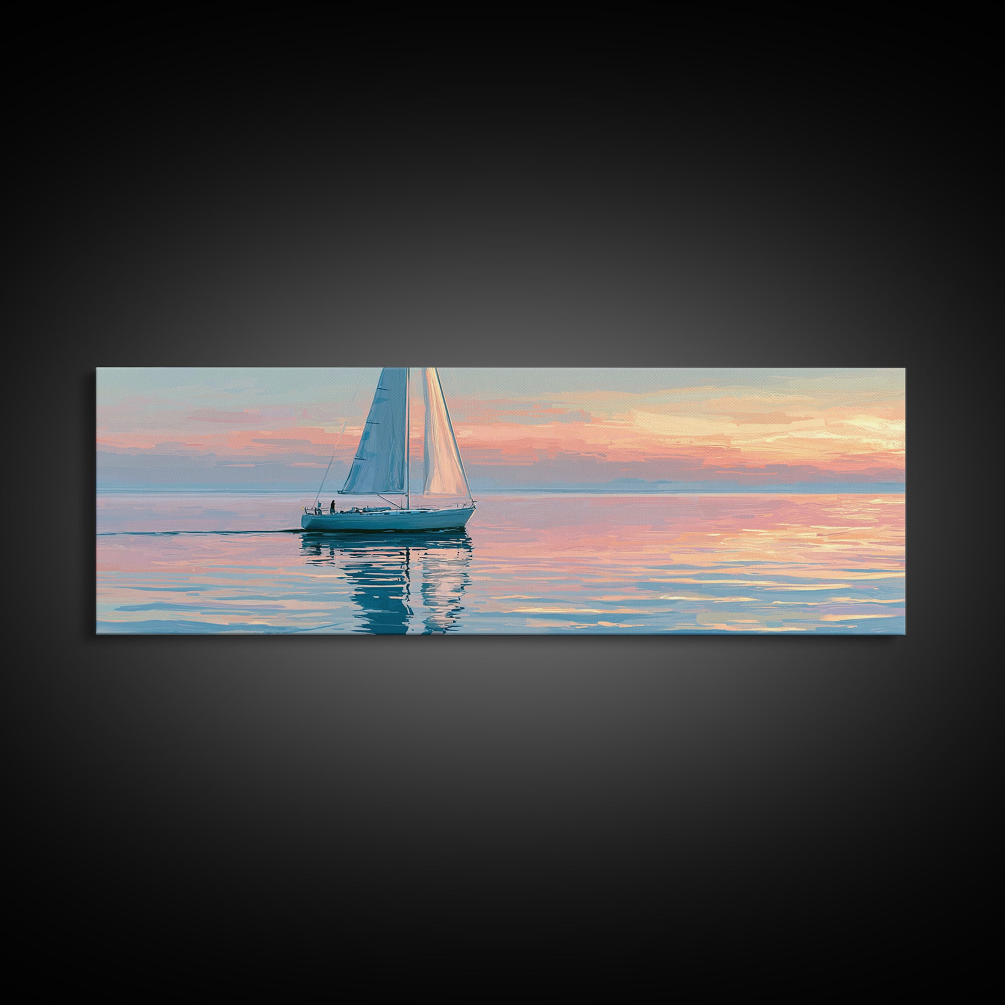 Quiet Sailboat on Glassy Water Canvas Print, Seascape Art, Abstract Painting, Coastal Decor, Fine Art, Seascape, Room Decor, SEA-3x1-24
