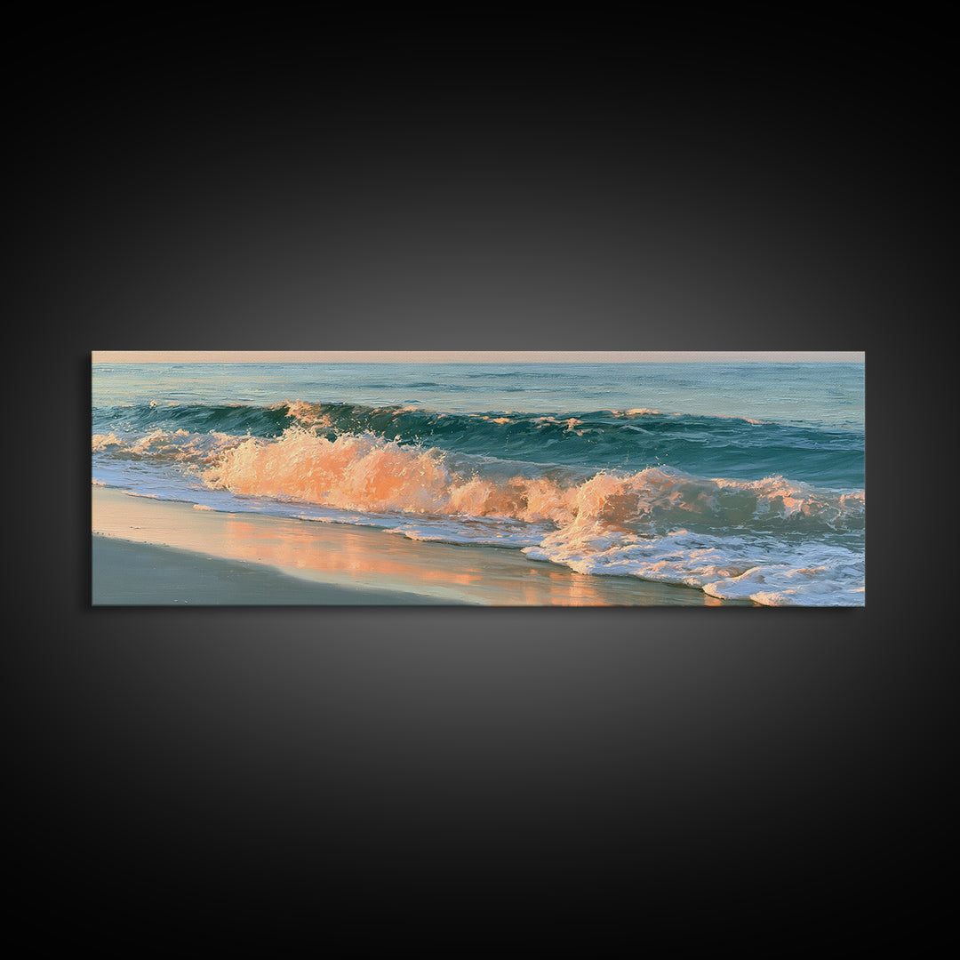 Sunset Surf Glowing Orange and Pink Framed Canvas Print, Seascape Art, Wall Decor, Coastal Decor, Fine Art, Seascape, SEA-3x1-44