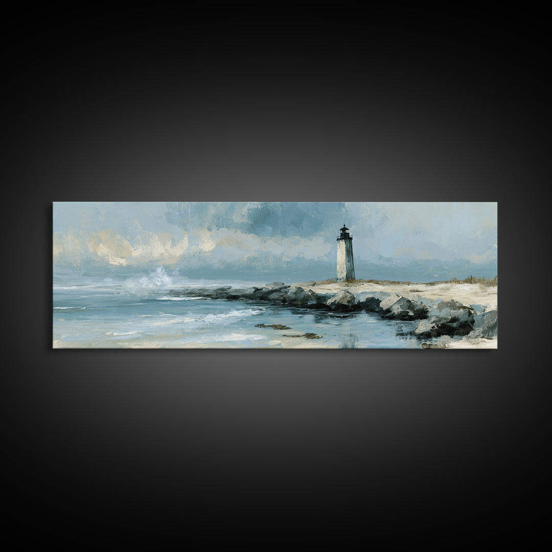 Dramatic Lighthouse in Distant Spray Canvas Print, Seascape Art, Digital Print, Coastal Decor, Seascape, Watercolor Art, SEA-3x1-46