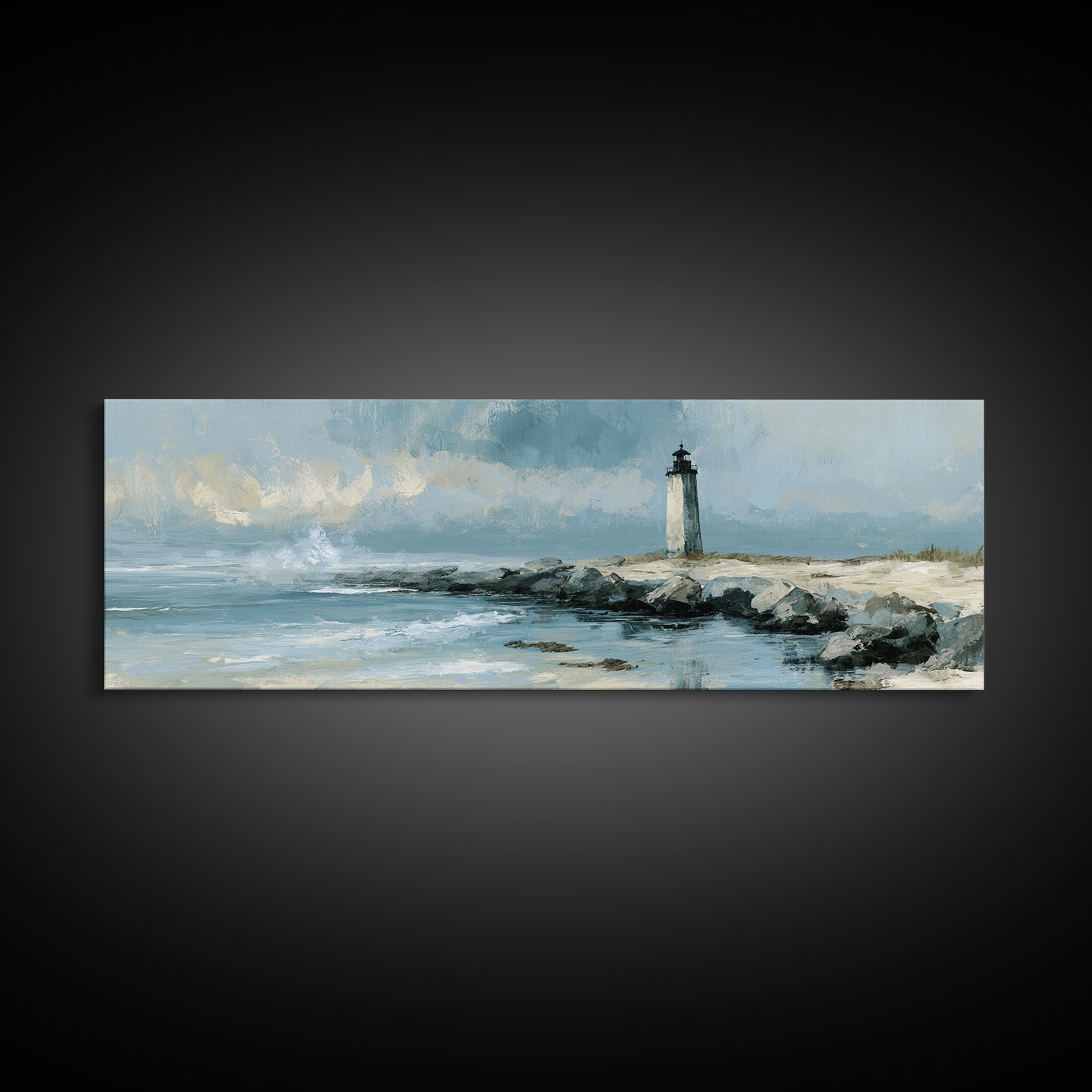 Dramatic Lighthouse in Distant Spray Canvas Print, Seascape Art, Digital Print, Coastal Decor, Seascape, Watercolor Art, SEA-3x1-46