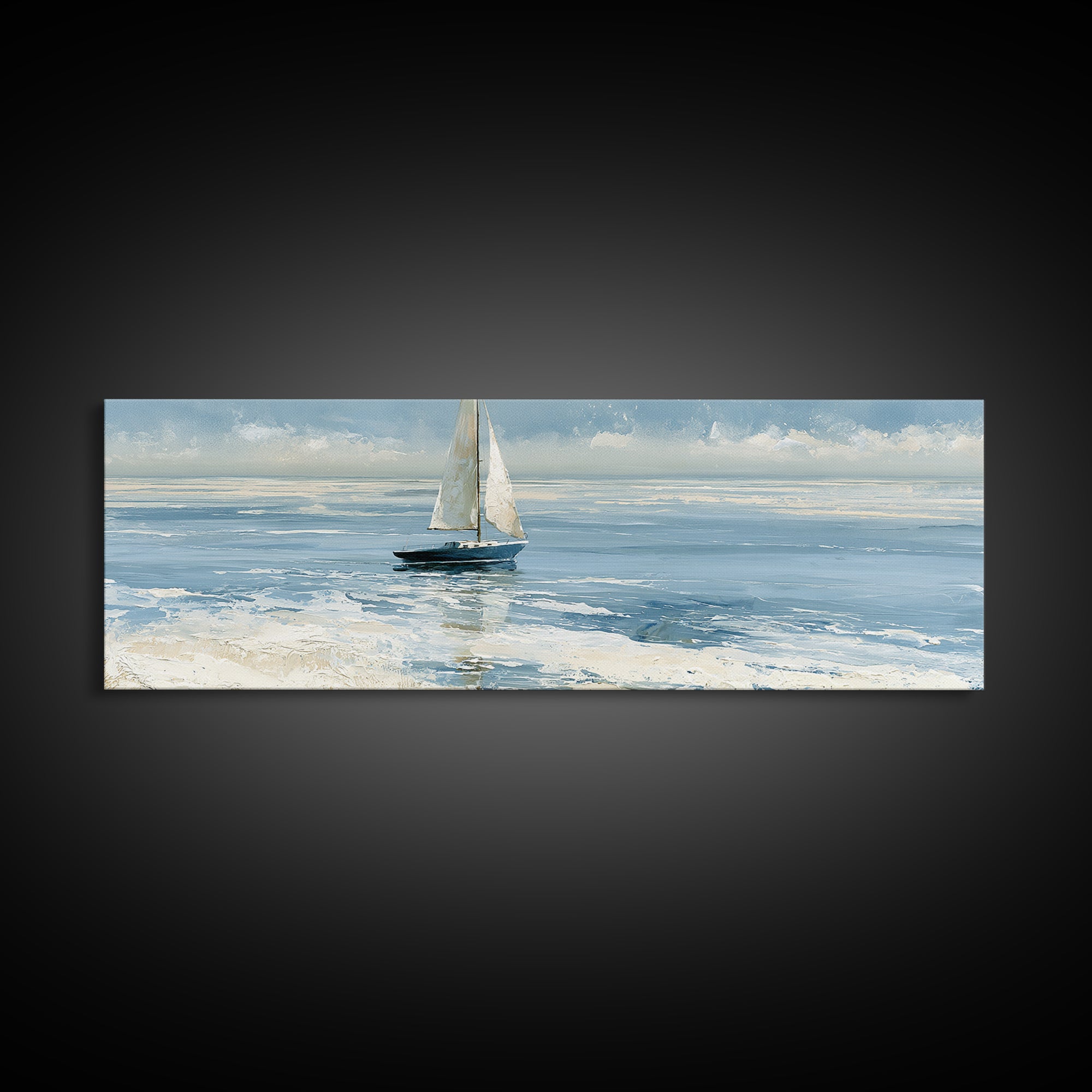 Quiet Sailboat on Glassy Water Canvas Print, Seascape Art, Luxury Decor, Coastal Decor, Fine Art, Seascape, Oil Painting, SEA-3x1-48