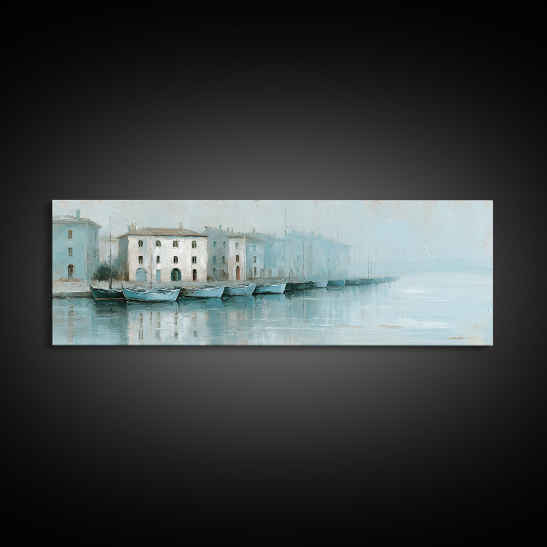 Mediterranean Harbor at Dawn Canvas Print, Seascape Art, Gallery Decor, Coastal Decor, Oil Painting, Seascape, Contemporary Art, SEA-3x1-62