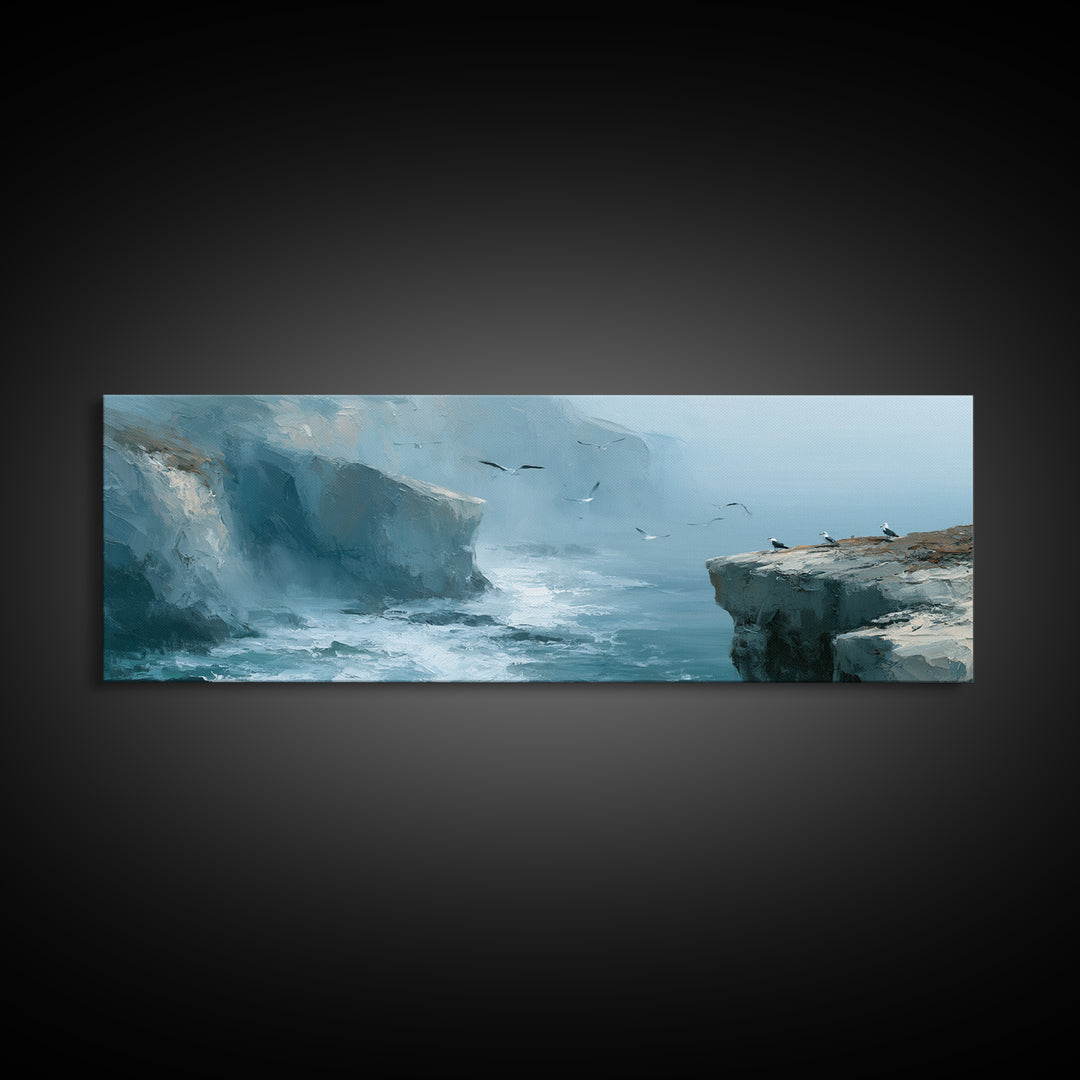 Misty Sea Cliffs Framed Canvas Print, Seascape Art, Bedroom Wall Art, Coastal Decor, Seascape, Boho Decor, Luxury Decor, SEA-3x1-69