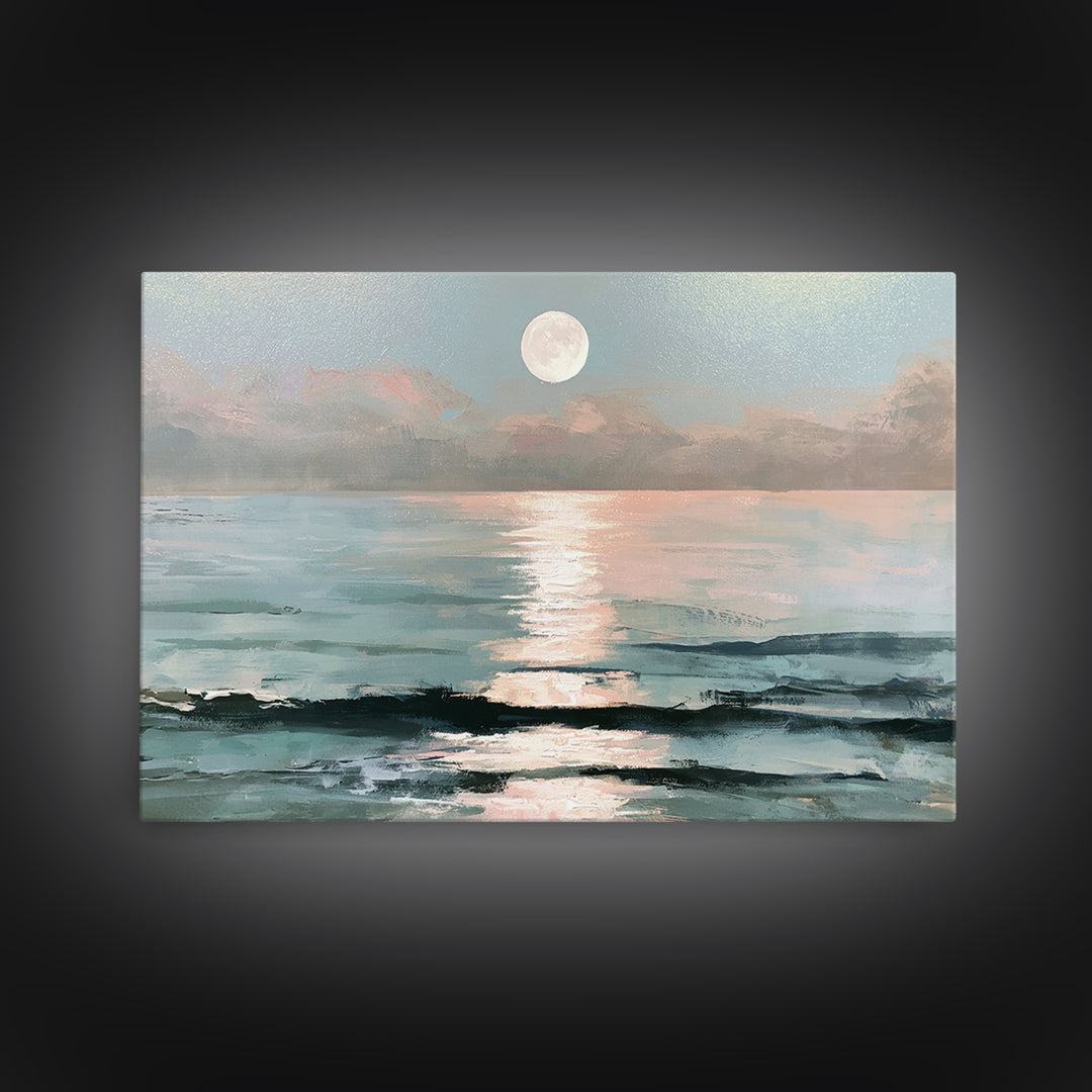 Moonlit Ocean with Silver Path of Light Framed Canvas Print, Seascape Art, Bedroom Wall Art, Coastal Decor, Watercolor Art, SEA-3x2-31