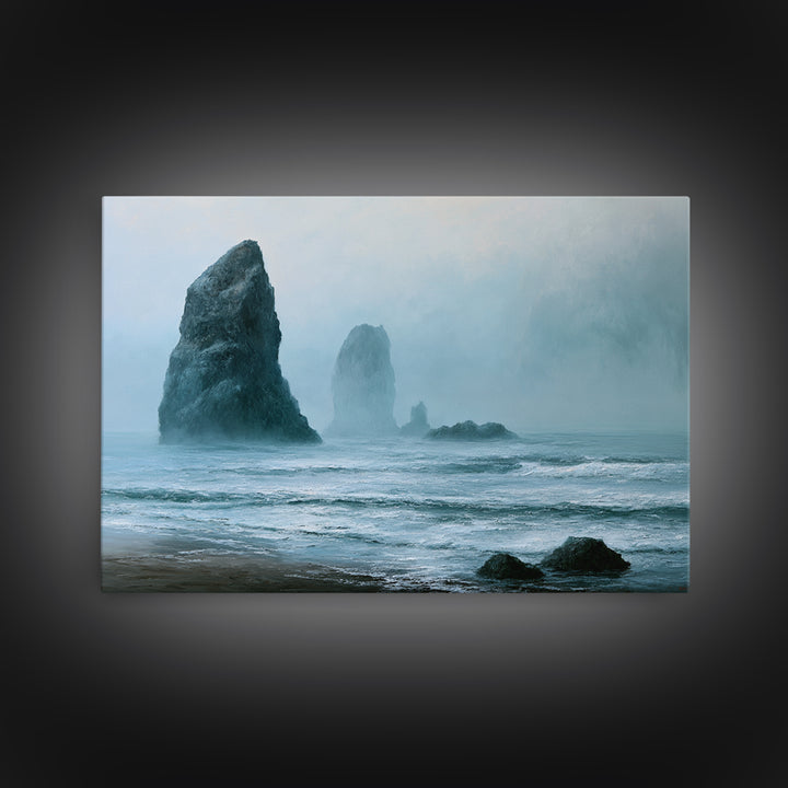 Sea Stack Rocks Framed Canvas Print, Seascape Art, Room Decor, Coastal Decor, Oil Painting, Seascape, Digital Wall Art, SEA-3x2-47