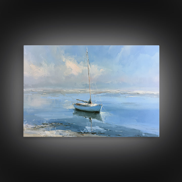 Quiet Sailboat on Glassy Water Framed Canvas Print, Seascape Art, Beach Decor, Coastal Decor, Seascape, Minimalist Decor, SEA-3x2-60