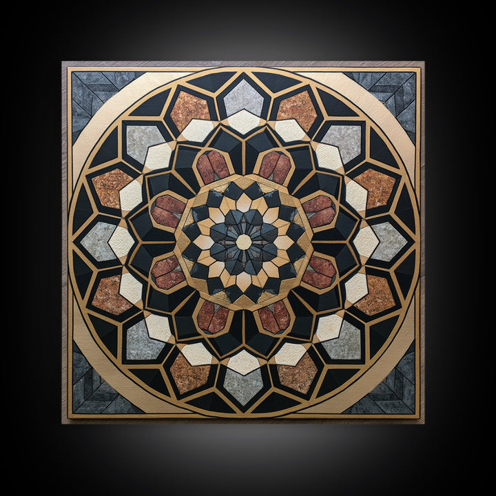 Black and Gold Geometric Rosette Framed Canvas Print, Sacred Geometry Art, Digital Art, Living Room Decor, Fine Art, Geometry, SGA-1x1-12