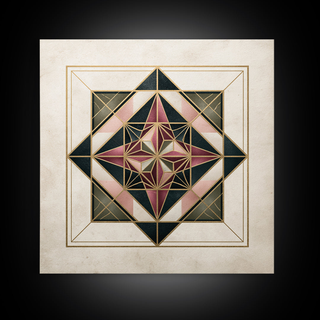 Gold Line Compass Mandala on Parchment Canvas Print, Sacred Geometry Art, Gallery Decor, Living Room Decor, Abstract Art, SGA-1x1-45