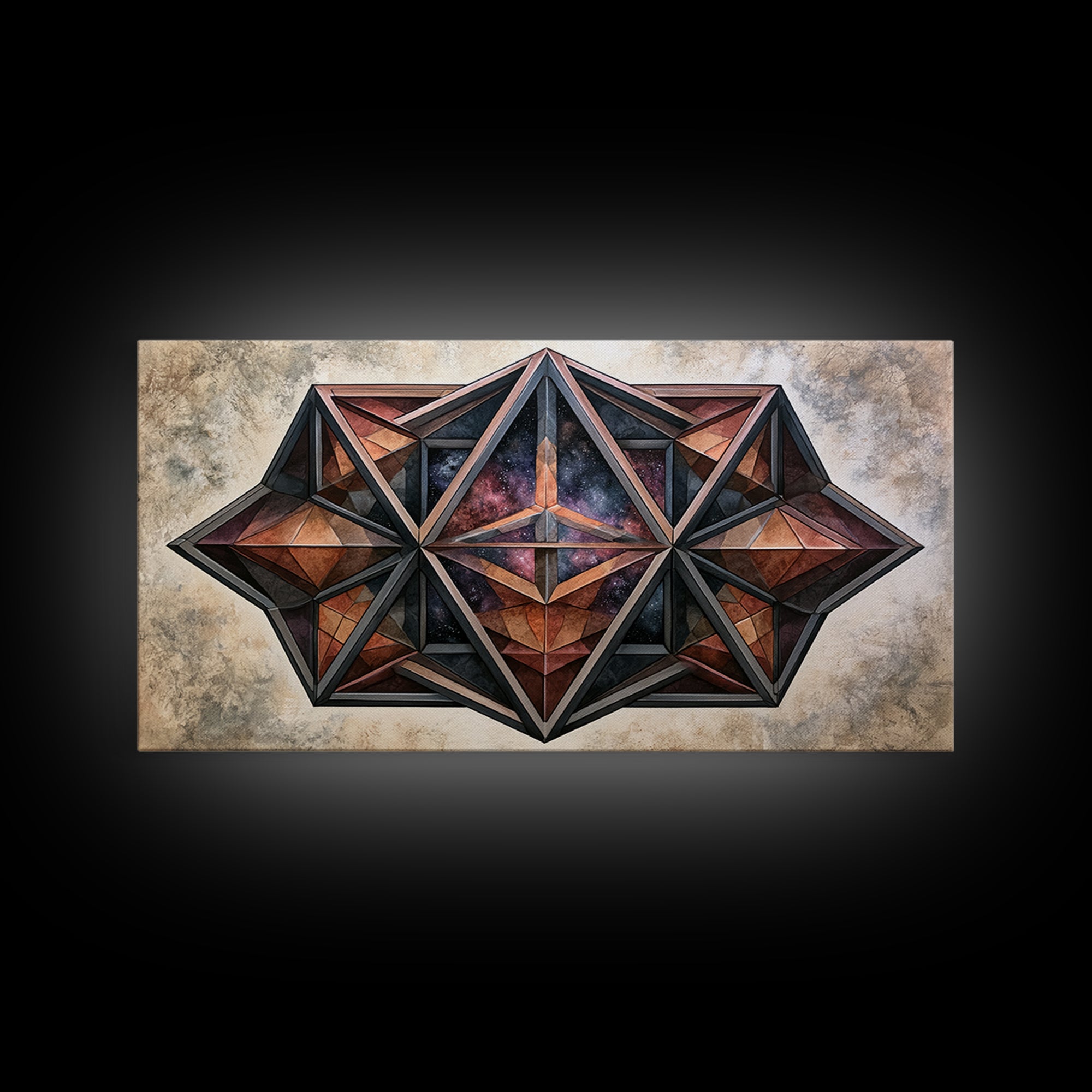 Star Tetrahedron with Watercolor Galaxy Wash Canvas Print, Sacred Geometry Art, Wabi Sabi Art, Living Room Decor, Geometry, SGA-2x1-100