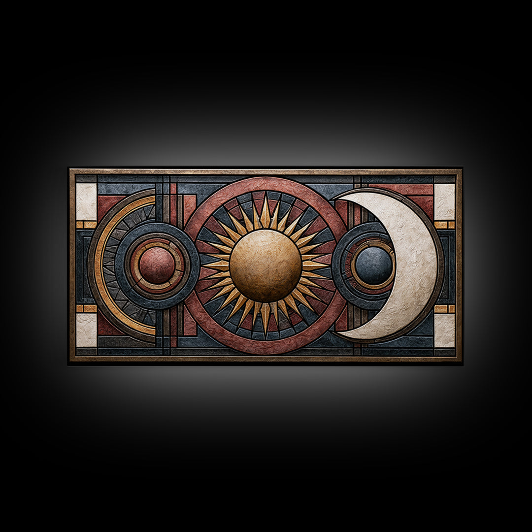 Geometric Sun and Moon Balance Design Framed Canvas Print, Sacred Geometry Art, Wall Hanging, Living Room Decor, Geometry, SGA-2x1-72